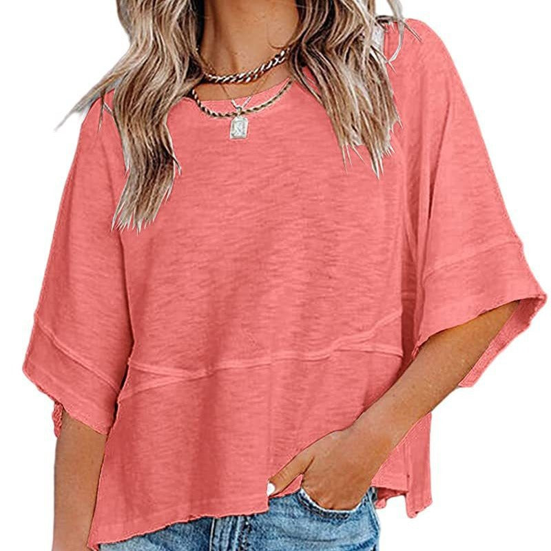 💃🌸Women's Solid Color Splicing Loose Five Points Flare Sleeve T-Shirt