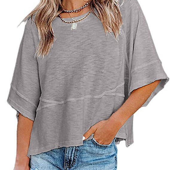 💃🌸Women's Solid Color Splicing Loose Five Points Flare Sleeve T-Shirt